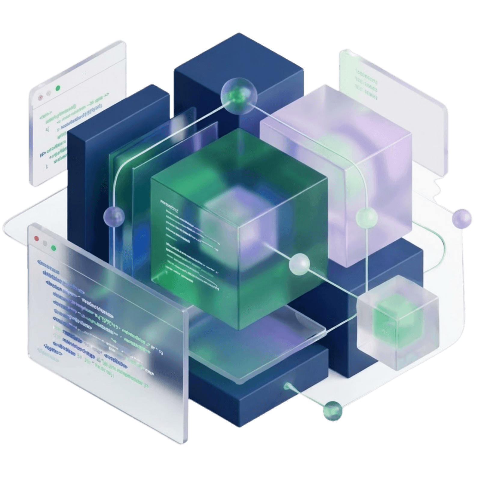 Stylized isometric illustration of interconnected software systems